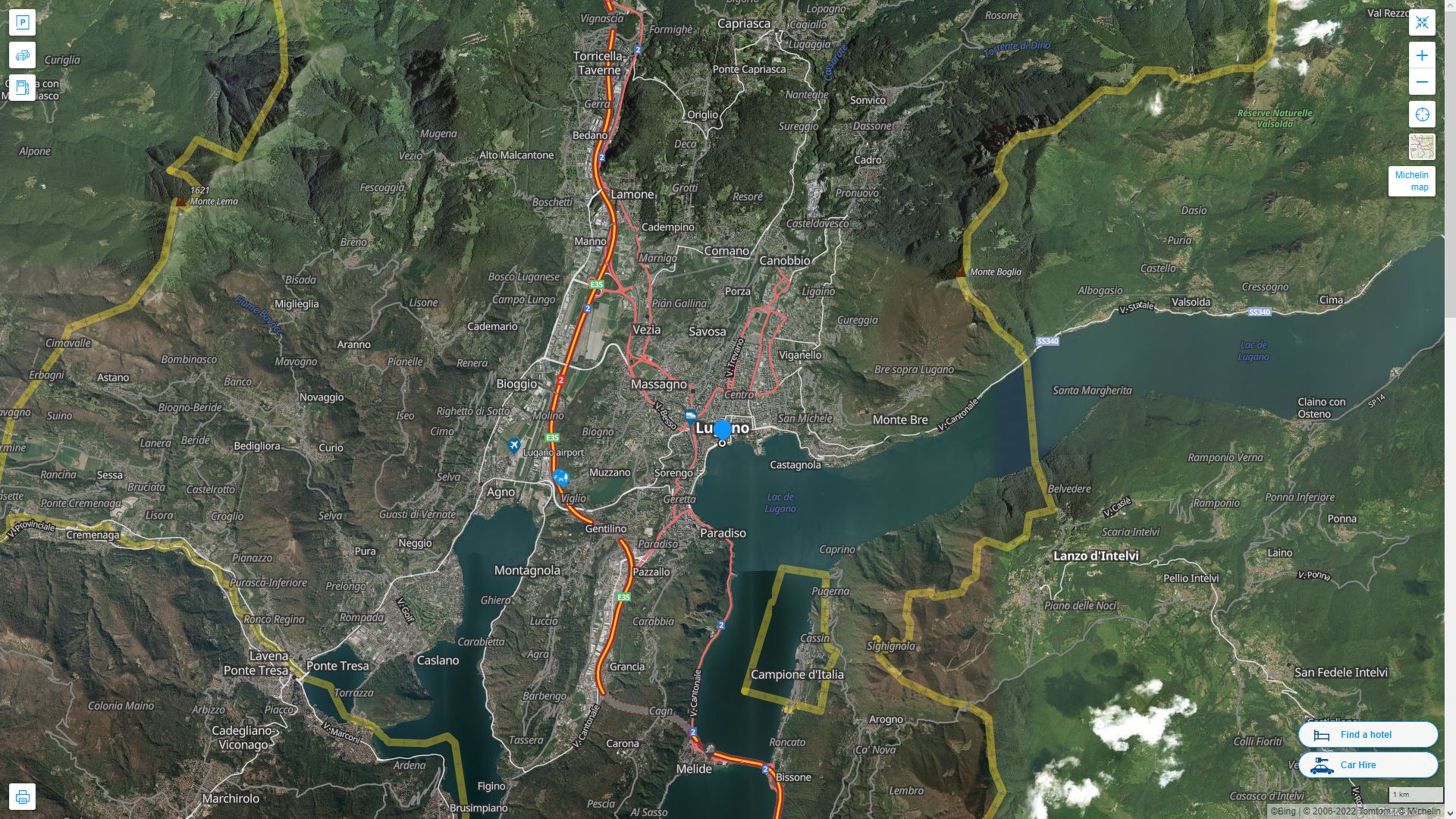 Lugano Suisse Autoroute et carte routiere avec vue satellite